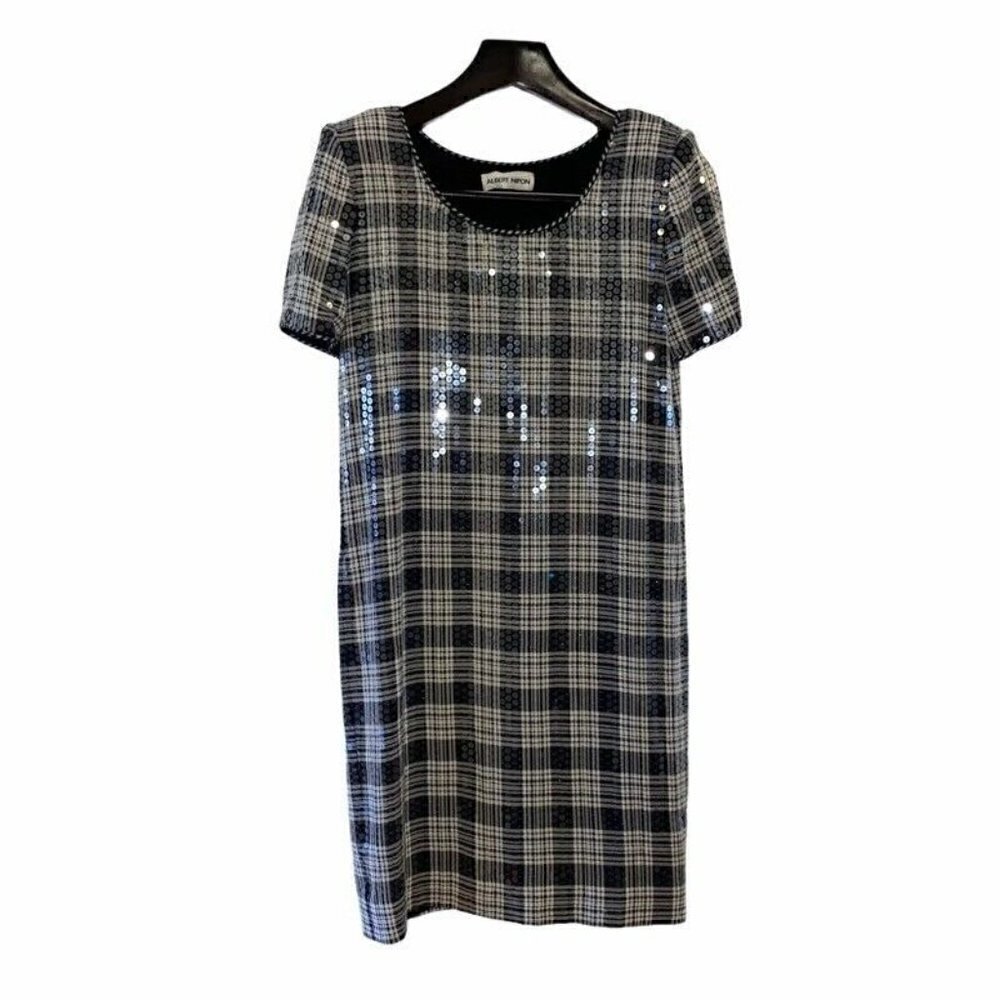 Albert Nipon Sheath Dress Black Plaid Sequin 4